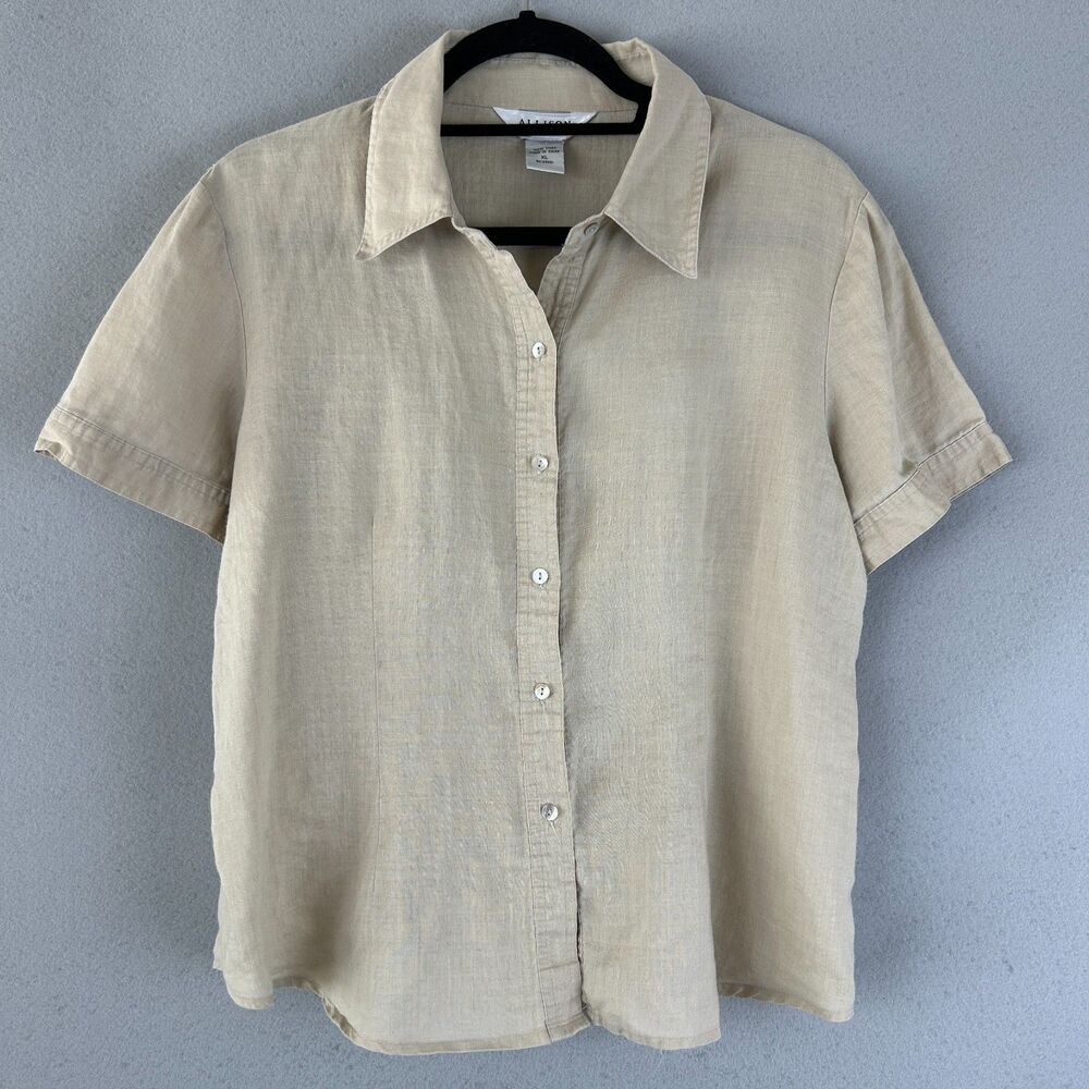 Allison Taylor 100% Linen Shirt Womens XL Beige Tan Short Sleeve Button Down